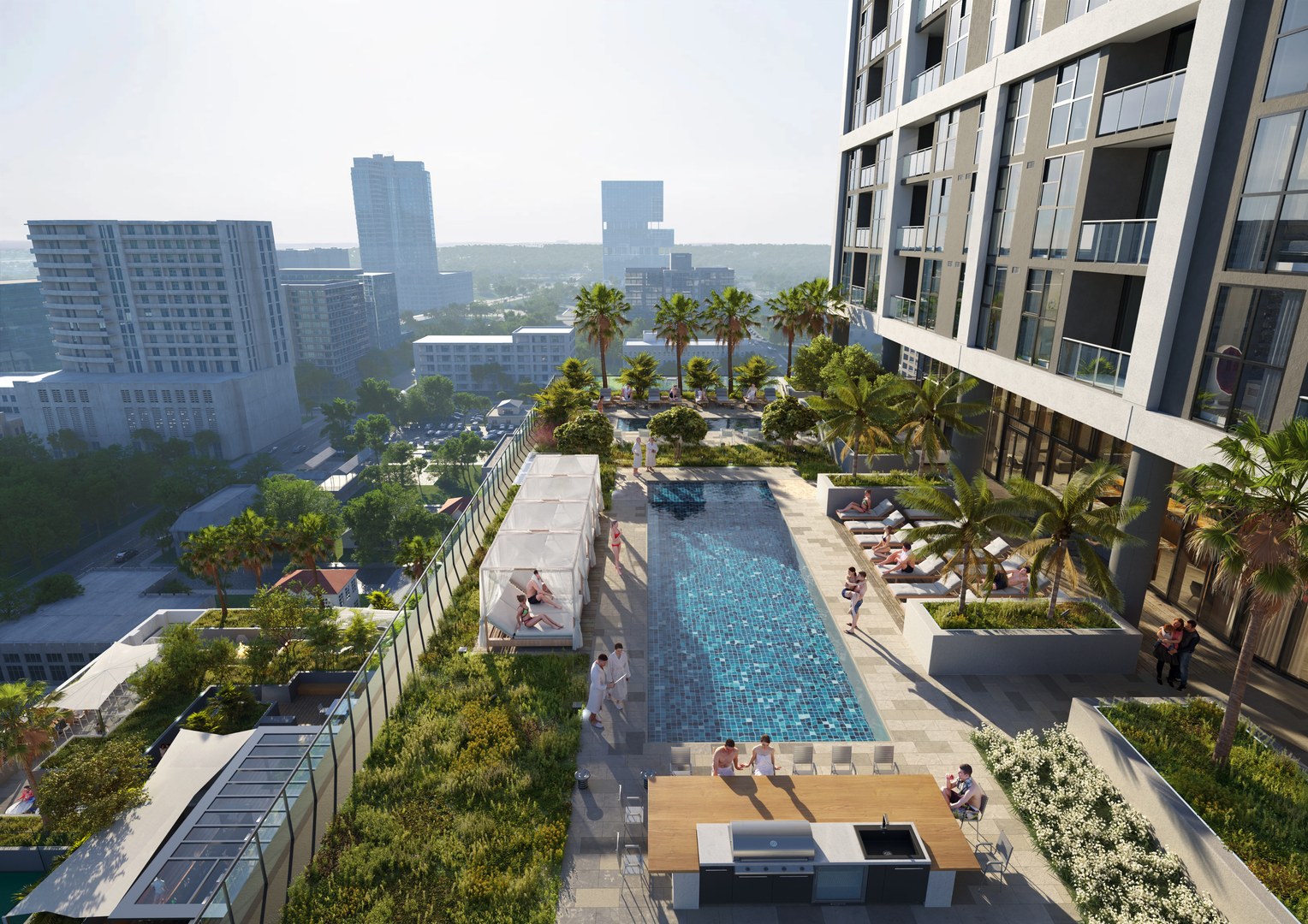 Rooftop pool deck with cabanas and city views